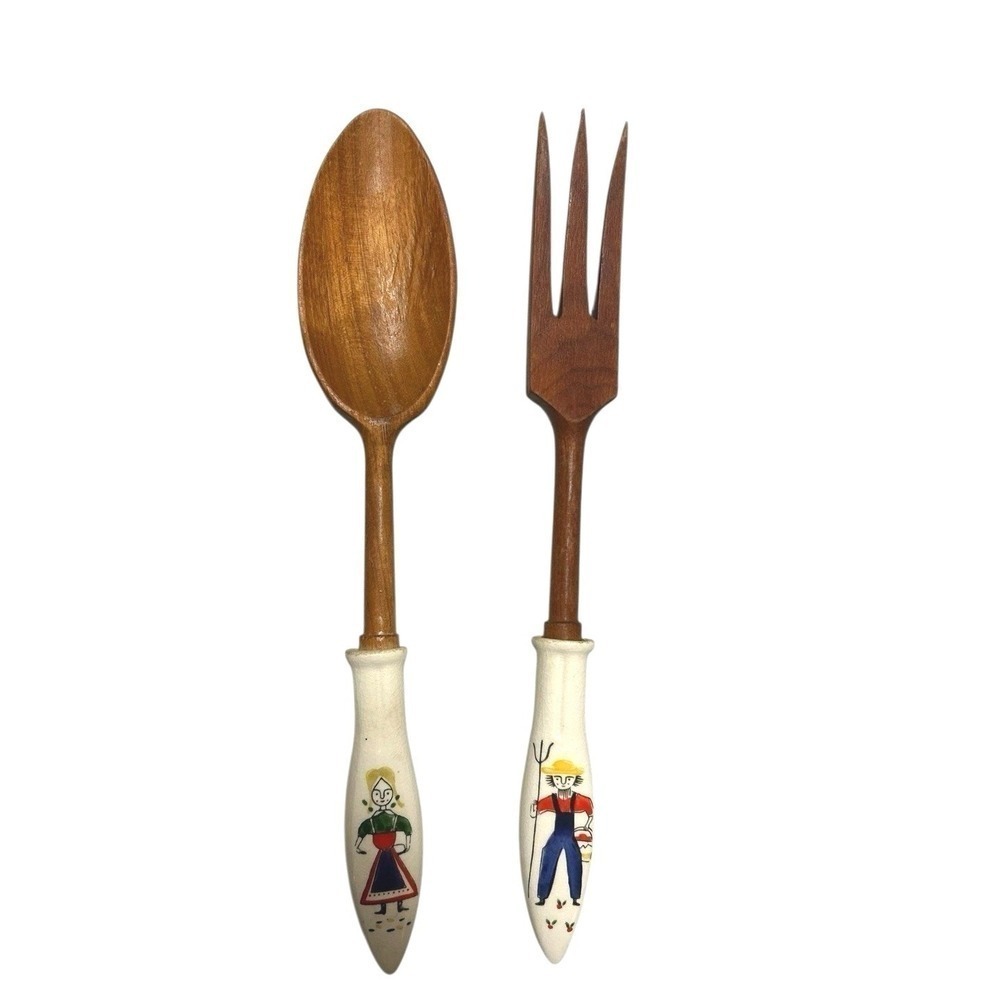 Ceramic Handle Wooden Spoon Fork Salad Set Farmer + Wife 11.5" Folk Art Kitschy